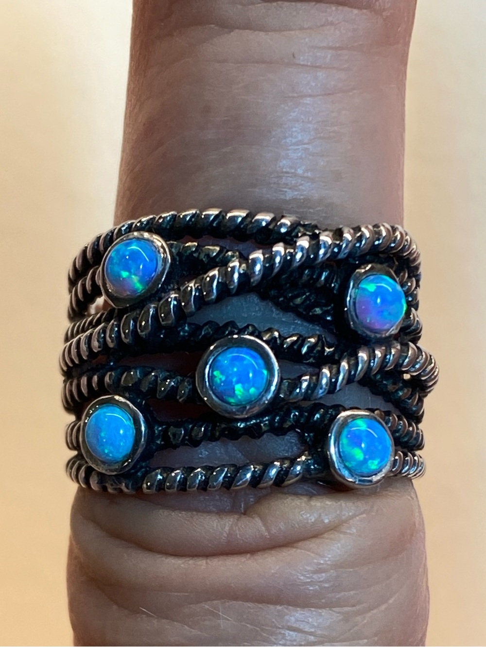 925 Sterling Silver Blue Opal Multi-Band Statement Ring Size 7 - Picture 2 of 6
